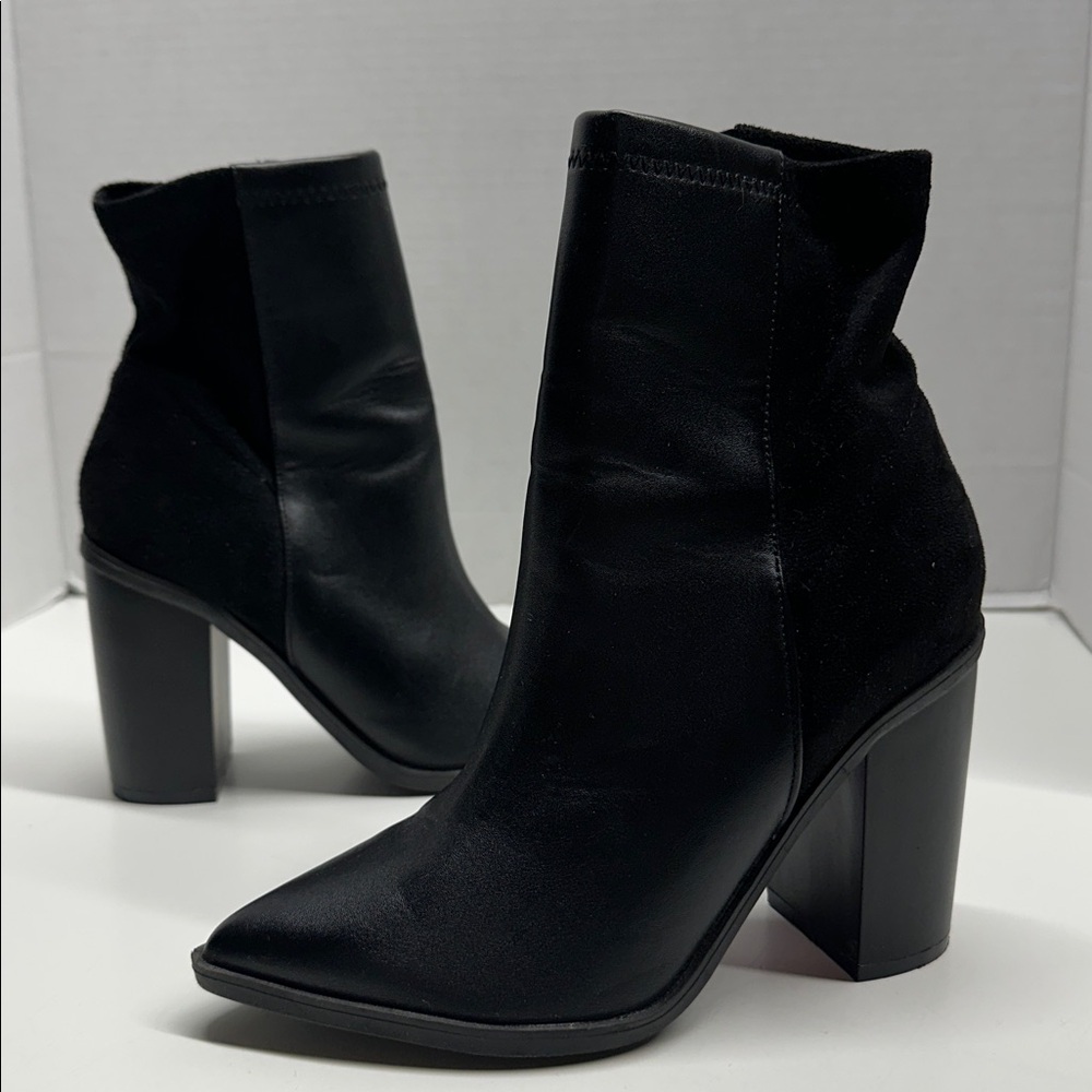 Lulus Essex Heeled Boots Mid Calf Ankle Booties Faux Vegan Suede Black Size 6
